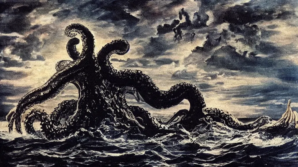 Image similar to a giant kraken emerges from the ocean on a beautiful dark night, flashes of lightning and fire, extraodinary masterpiece!!!!!!, by Salvador Dali