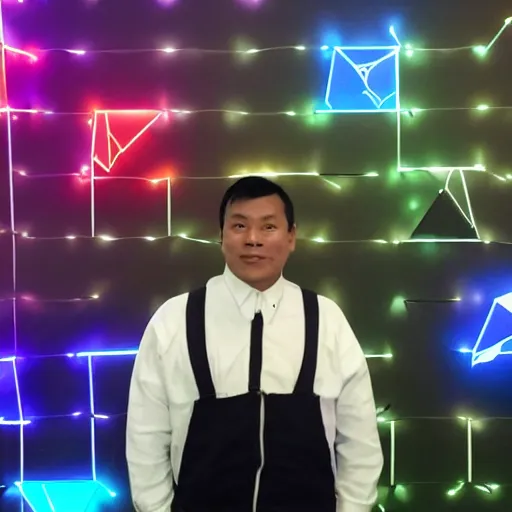 Image similar to a vietnamese daytrader named jay standing proudly in front of triangular nanoleaf led lights on his wall