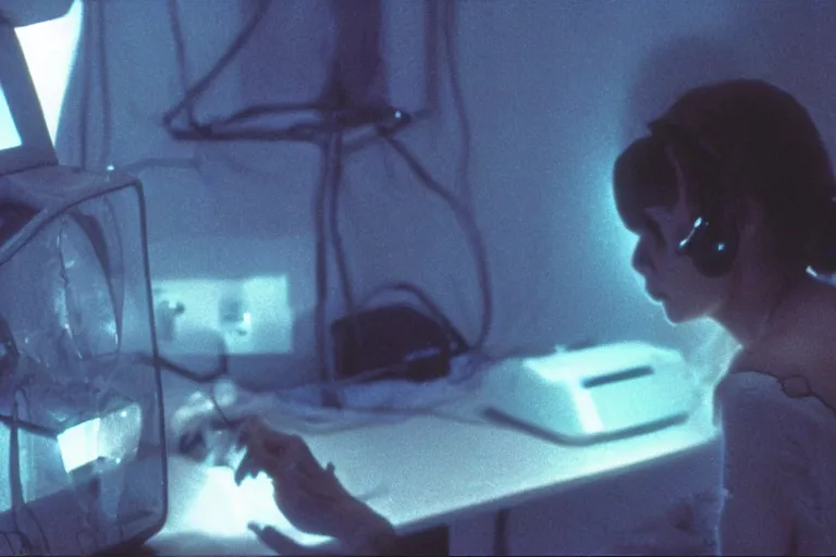 Image similar to alien using a computer to check her email submerged in translucent goo, over the shoulder perspective, in 1 9 8 5, y 2 k cybercore pinkcore, industrial low - light photography, still from a kiyoshi kurosawa movie