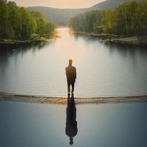 Image similar to a man standing in front of a body of water, a character portrait by max gubler, featured on unsplash, hudson river school, quantum wavetracing, windows vista, physically based rendering