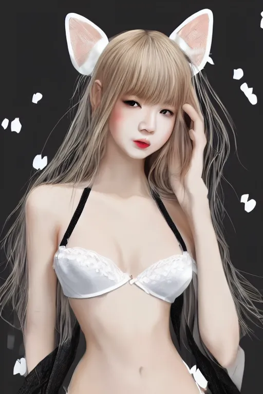 Prompt: realistic detailed semirealism beautiful gorgeous cute Blackpink Lalisa Manoban wearing white silky lingerie, white silky outfit, black hair black cat ears, black leather choker, proportional body, WLOP, Aztodio, Taejune Kim, sakimichan, Pixiv, Instagram, Artstation