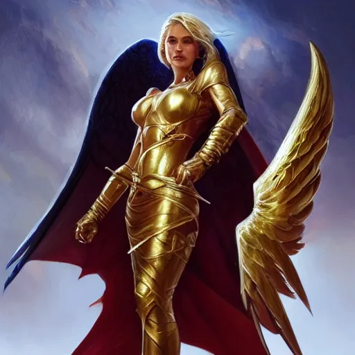 Prompt: archangel of fury, full-body portrait, Magic the Gathering, fantasy, portrait, highly detailed, digital painting, artstation, concept art, sharp focus, illustration, art by artgerm and greg rutkowski and magali villeneuve, red white and gold color scheme