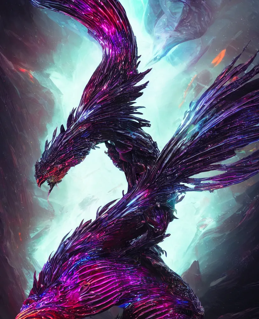 Image similar to close-up macro portrait of the dark queen, epic angle, epic pose, symmetrical artwork, photorealistic, iridescent, 3d with depth of field, blurred background. cybernetic phoenix bird, translucent dragon, nautilus. energy flows of water and fire, by Tooth Wu and wlop and beeple. a highly detailed epic cinematic concept art CG render digital painting artwork scene. By Greg Rutkowski, Ilya Kuvshinov, WLOP, Stanley Artgerm Lau, Ruan Jia and Fenghua Zhong, trending on ArtStation, made in Maya, Blender and Photoshop, octane render, excellent composition, cinematic dystopian brutalist atmosphere, dynamic dramatic cinematic lighting, aesthetic, very inspirational, arthouse