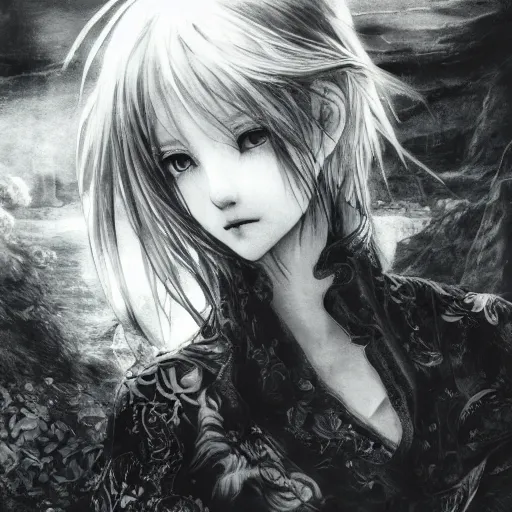 Image similar to a portrait of a character in a scenic environment by Yoshitaka Amano, black and white, dreamy, dark eyes, wavy silver hair, highly detailed