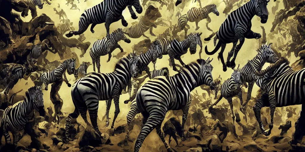 Prompt: incredible full page illustration, deep 3 point perspective, dynamic extreme foreshortening of Human fossils displayed in the museum, zebras come to visit in formal clothes, by phil hale, ashley wood, geoff darrow, james jean, 8k, hd, high resolution print