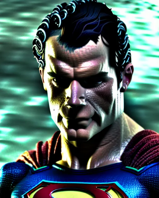 Image similar to hyperrealistic mixed media painting of a henry cavill as depressed superman, dimly lit dive bar, stunning 3d render inspired art by P. Craig Russell and Barry Windsor-Smith + perfect facial symmetry + dim volumetric lighting, 8k octane beautifully detailed render, post-processing, extremely hyperdetailed, intricate, epic composition, grim yet sparkling atmosphere, cinematic lighting + masterpiece, trending on artstation, very very detailed, masterpiece, stunning