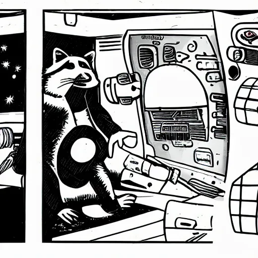 Prompt: a raccoon janitor messing with the controls on a spaceship, comic book illustration