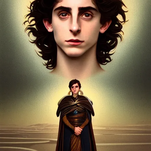 Prompt: a portrait of paul atreides from dune cinematic lighting, photorealistic, octane render, 8 k, depth of field, 3 d, art by artgerm and greg rutkowski and alphonse mucha and uang guangjian and gil elvgren and sachin ten, paul looks like timothee chalamet but older