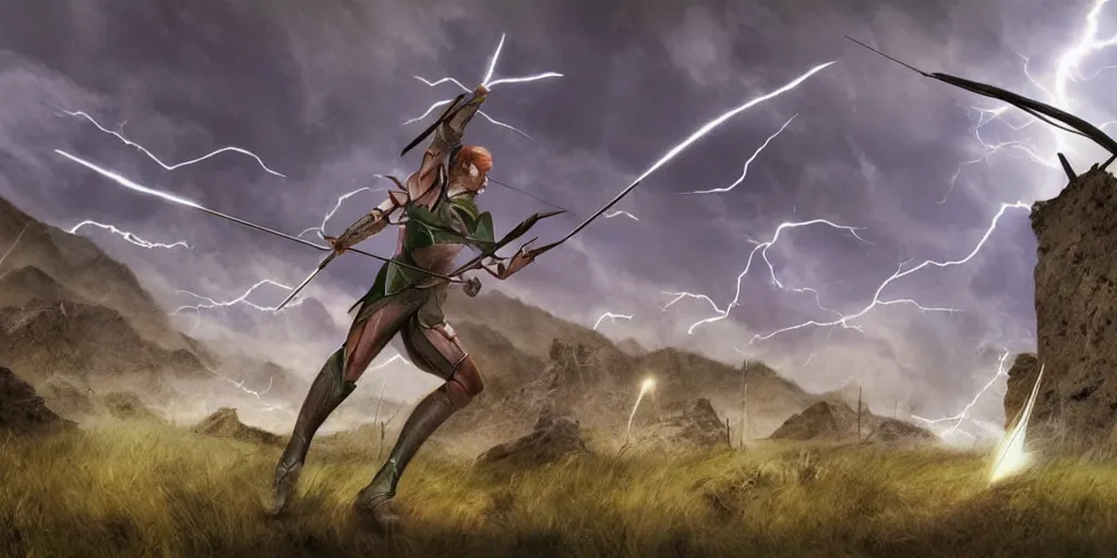 Image similar to lighting strike's archers arrow , fantasy world, realistic, sci-fi, landscape, character design, concept art,