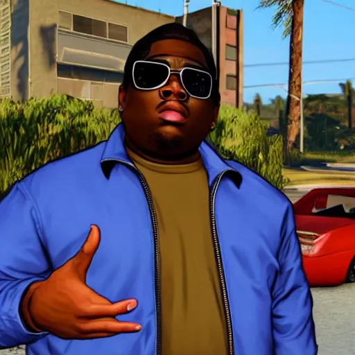 Prompt: The Notorious B.I.G in gta 5 loading screen smoking weed