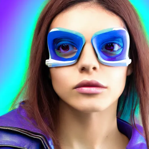 Image similar to closeup painting of a very beautiful young mexican cyberpunk woman with light blue shutter shades, one side haircut, long brown hair with light blue ends, purple leather jacket