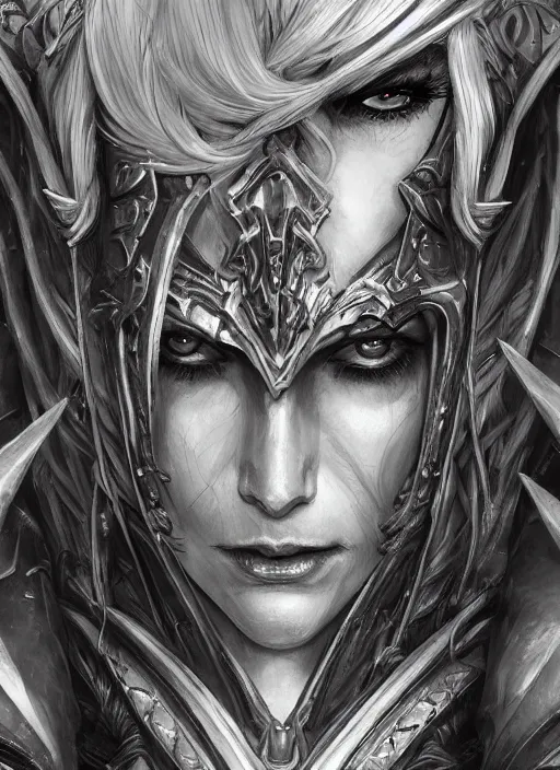 Prompt: close up portrait of sylvanas windrunner, powerful, domineering, stoic, masterful, intense, ultrafine hyperdetailed illustration by kim jung gi, irakli nadar, intricate linework, sharp focus, octopath traveler, yoji shinkawa, highly rendered, detailed, concept art