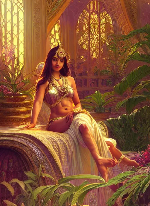Image similar to an indian princess relaxing in her palace, shiny, fantasy, intricate, elegant, hyper detailed, ultra definition, photoreal, artstation, unreal engine rendered, concept art, smooth, sharp focus, illustration, art by artgerm and greg rutkowski and alphonse mucha and garis edelweiss