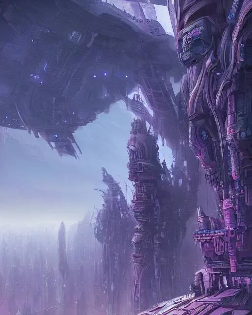 Prompt: an alien city, alien architecture, purple, environment art, fantasy art, landscape art, in the style of greg rutkowski, illustration, epic, fantasy, intricate, hyper detailed, artstation, concept art, smooth, sharp focus, ray tracing