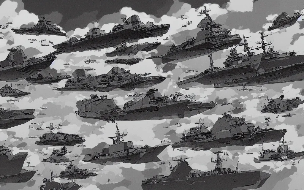 Prompt: a fleet of ww 2 japanese battleships flying between the clouds, in the style of james jean and laurie greasley, dynamic composition, dramatic lighting, hyper - realistic, ultra detailed