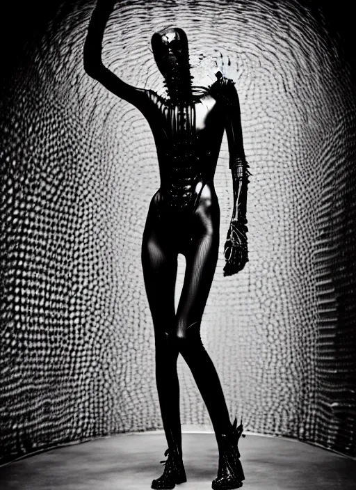 Image similar to walking down the catwalk, steven klein, show, stage, vogue photo, podium, fashion show photo, iris van herpen, beautiful woman, full body shot, helmet on face, masterpiece, plant predator, giger, guyver, jellyfish, biomechanical details, tarkovsky, movie still, fauvism, cinestill, bokeh, gelios lens