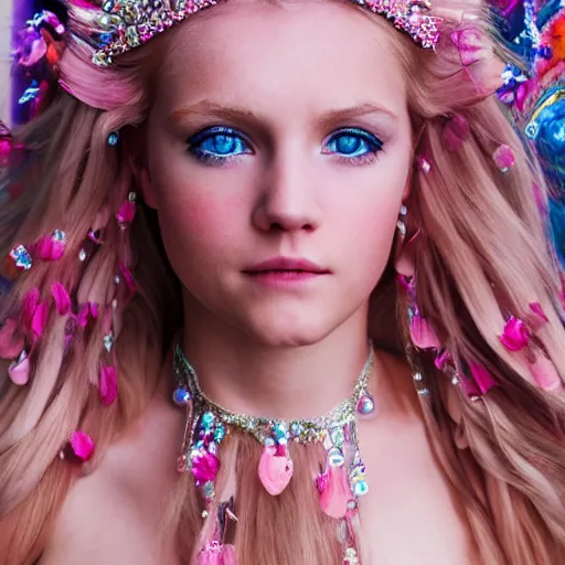 Image similar to a beautiful princess with long blonde hair and blue eyes wearing a strapless elaborately beaded pink dress, high resolution film still, 8k, HDR color, film by Simon Langton and David Frankel