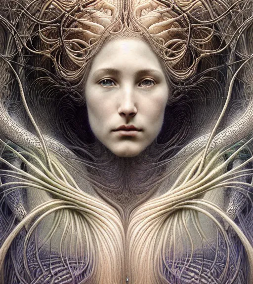 Prompt: detailed realistic beautiful lightning goddess face portrait by jean delville, gustave dore, iris van herpen and marco mazzoni, art forms of nature by ernst haeckel, art nouveau, symbolist, visionary, gothic, neo - gothic, pre - raphaelite, fractal lace, intricate alien botanicals, ai biodiversity, surreality, hyperdetailed ultrasharp octane render