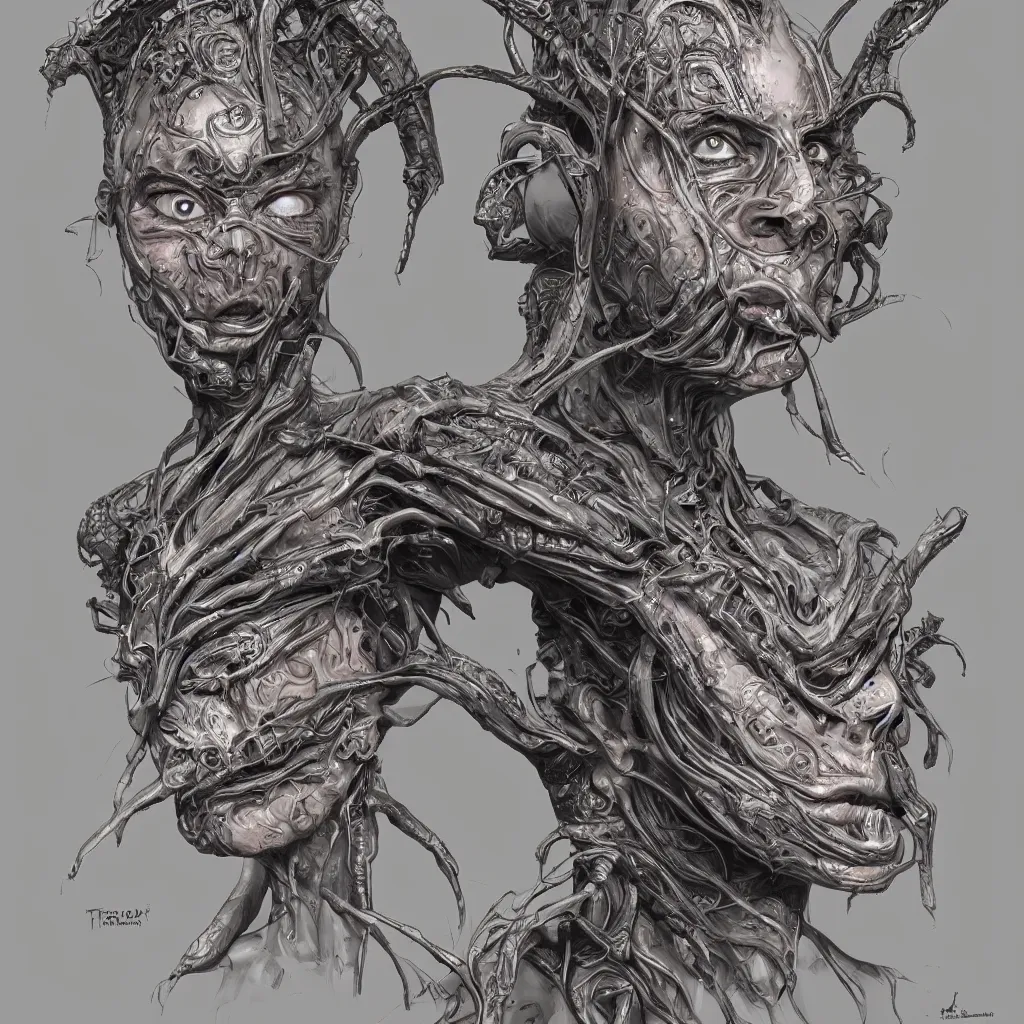 Prompt: terrifying bust portrait of a beautiful exotic alien queen by travis charest and chris achilleos, an intricate, elegant, highly detailed digital painting, concept art, smooth, sharp focus, mixed media illustrationhyperrealism, extremely hyperdetailed