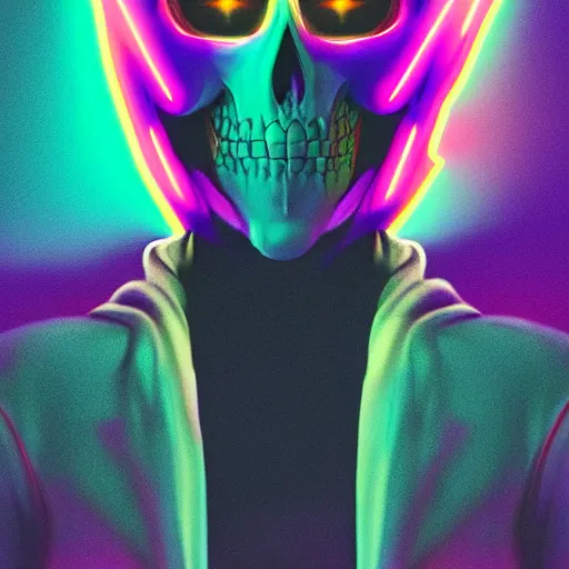 Prompt: skeletor in hoodie, portrait, vaporwave, synthwave, neon, vector graphics, cinematic, volumetric lighting, f 8 aperture, cinematic eastman 5 3 8 4 film, photorealistic