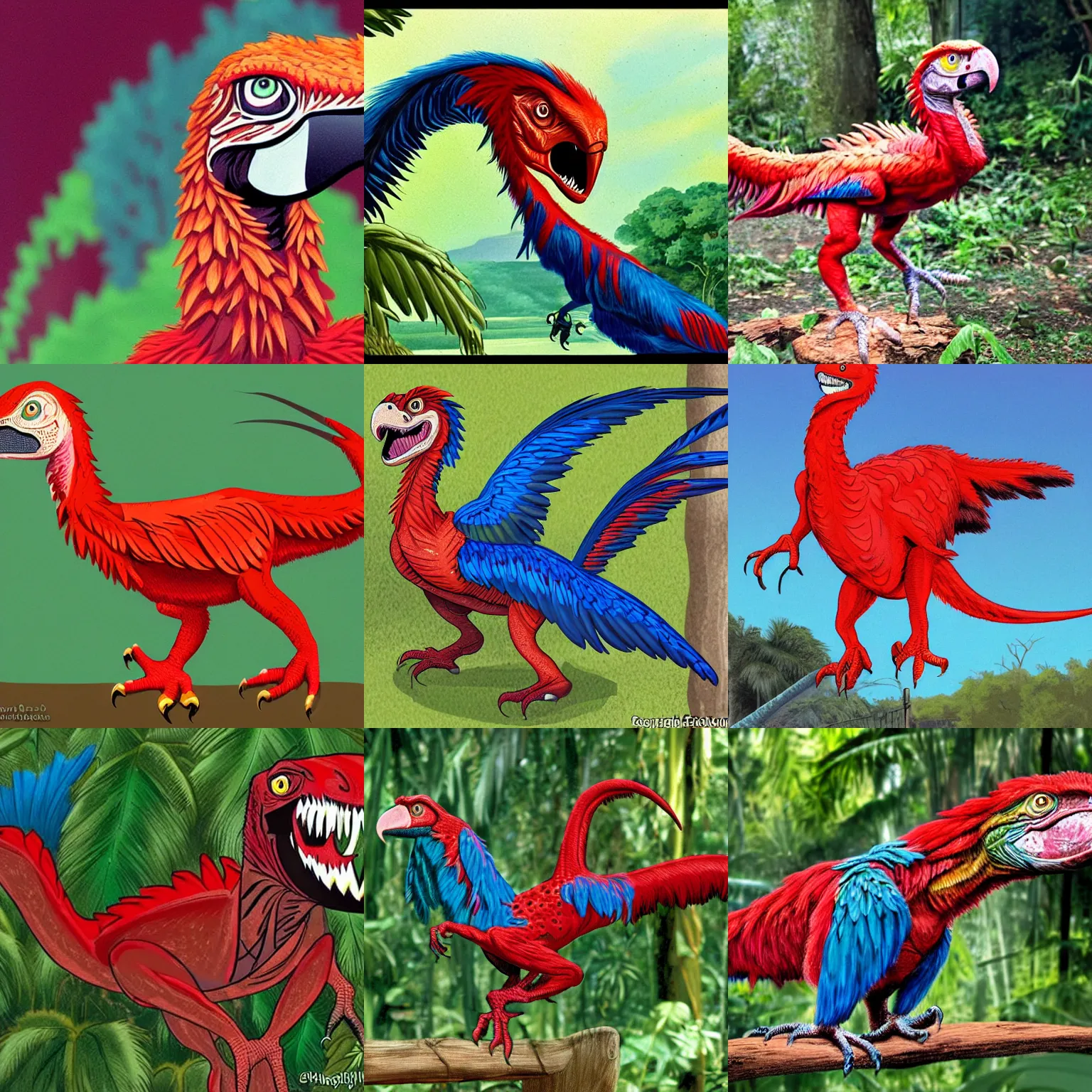 Prompt: a velociraptor from Jurassic Park with coloration like a scarlet macaw.