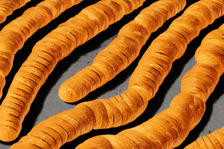 Image similar to centipede made of bread with legs ultrarealism
