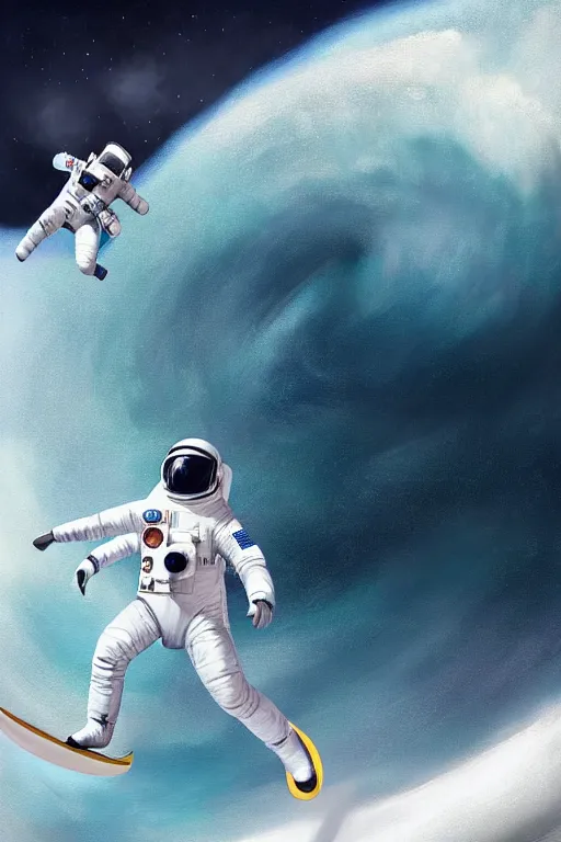 Image similar to a beautiful digital painting of an astronaut in a white space suit surfing the great wave on a surfboard by greg rutkowski, photorealistic, trending on artstation, octane render