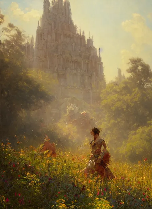 Image similar to giant castle temple megastructure in meadow by gaston bussiere, anna nikonova aka newmilky, greg rutkowski, yoji shinkawa, yoshitaka amano, moebius, donato giancola, geoffroy thoorens, trending on artstation, pixiv, cinematic composition, 8 k