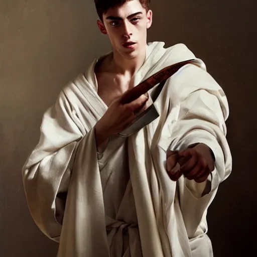 Image similar to attractive handsome kai havertz wearing monk robes holding ivory candlestick. natural lighting by ruan jia, portrait