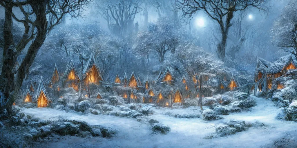 Prompt: Lothlórien with elven homes during winter, evening, detailed matte painting, cinematic, Alan Lee, Artstation