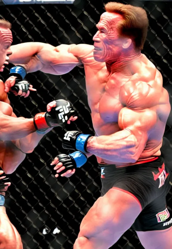 Image similar to streaming still of arnold schwarzenegger fighting in the ufc, punching the opponent