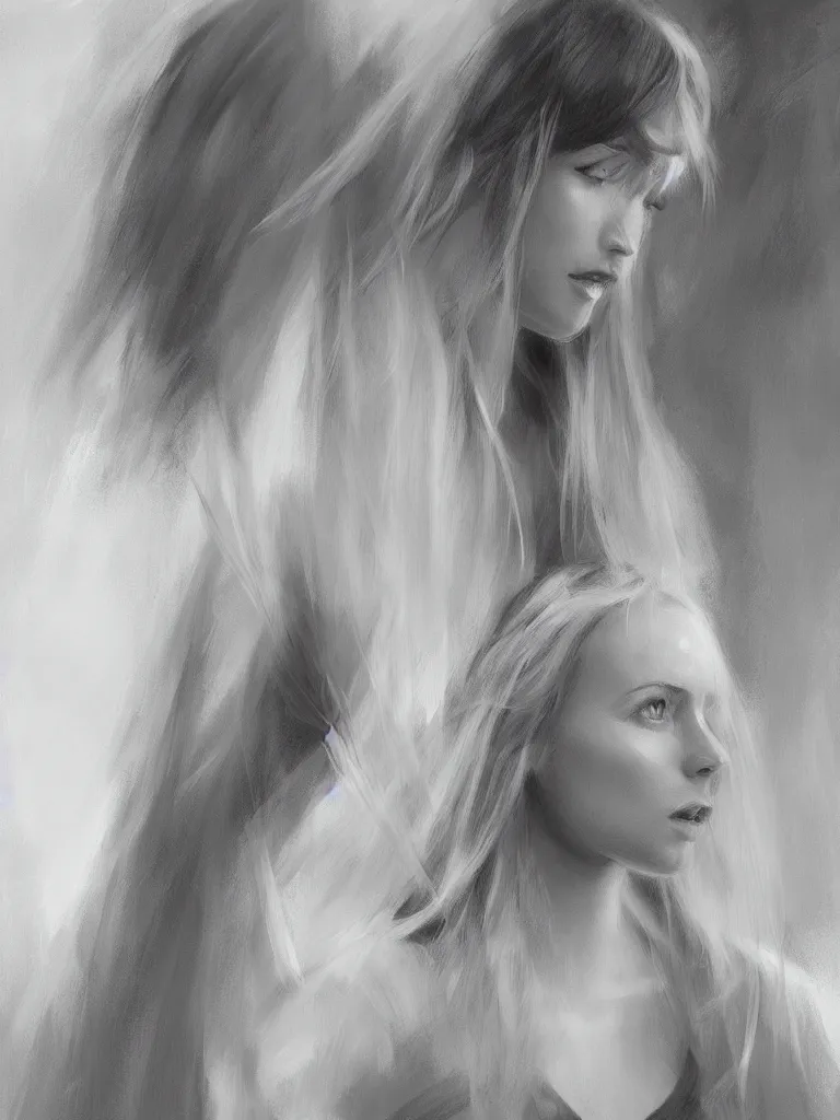 Image similar to blonde female jedi, Swedish countryside, landscape view, archipelago, pencil sketch, abstract, black and white, mono, by Vladimir Volegov, wlop, artstation