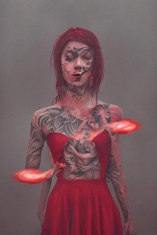 Image similar to tattooed beautiful cult girl smoke swirling and smiling, red dress, drug trip, symmetric, dark, moody, eerie religious composition, photorealistic oil painting, post modernist layering, by Sean Yoro