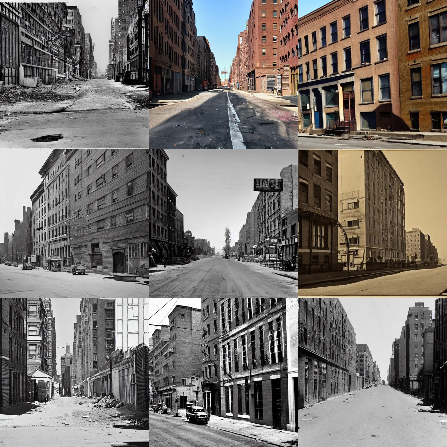 Prompt: a derelict metropolitan streeet on a clear day, in harlem renaissance style