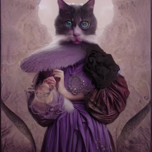 Image similar to actionism, soft painting curiosities carnival, beautiful cat head hybrid in full long dress, accurate features, focus, very intricate ultrafine details, black white purple volumetric clouds, award winning masterpiece, octane render 8 k hd, tom bagshaw artstyle