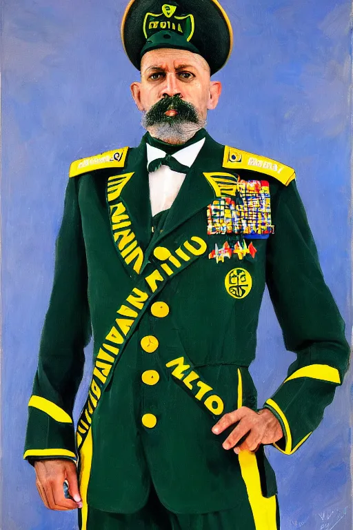 Prompt: full body portrait of the dictator of the nba utah jazz, 1 8 8 9, in full military garb, navy blue, green, yellow, oil on canvas by william sidney mount, trending on artstation