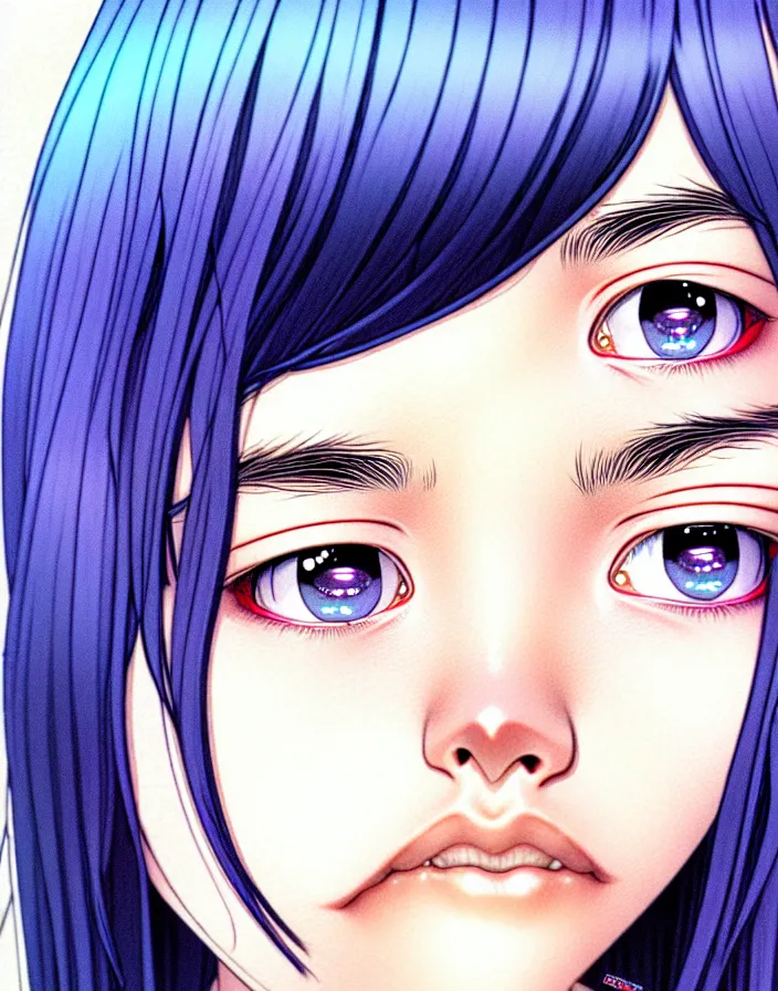 Image similar to extremely detailed color ink pen  illustration depicting an extreme close up face of a dainty young truant female stoner prep highschool school student with medium length silky straight iridescent black hair and lightly suntanned skin, illustrated by Artgerm and Range Murata.