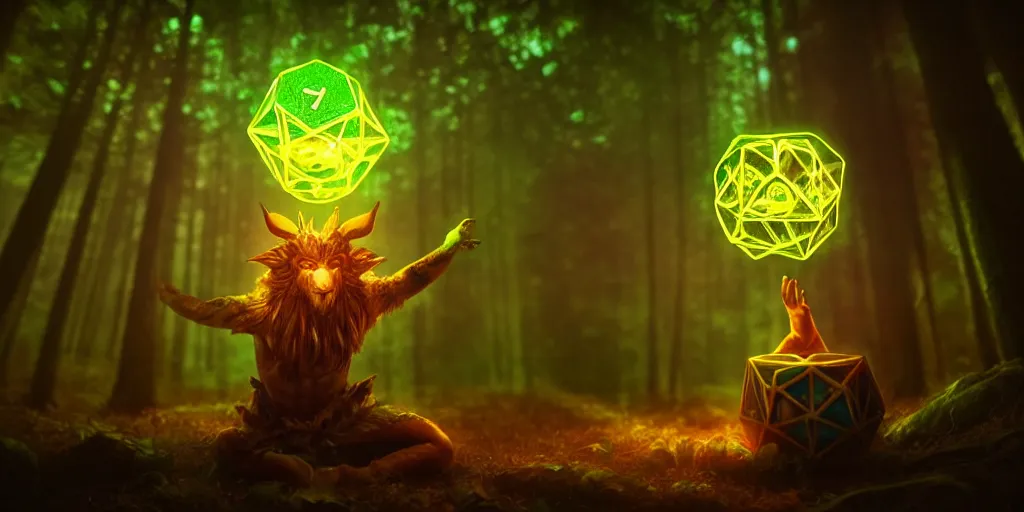 Image similar to a curious, mythical forest spirit rolling a six - sided dice, d 6 dice, glowing energy, fantasy magic, by willian murai and jason chan, fantasy, dramatic lighting, golden ratio, sharp focus