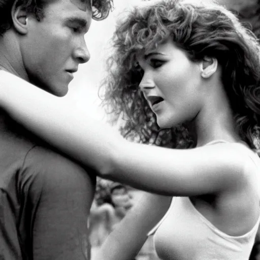 Image similar to dirty dancing poster with closeup portrait of young arnold schwarzenegger lifting up jennifer lawrence in the rain, 5 0 mm cinema shot, beautiful light, best lense, 9 0 s romantic movie, 4 k