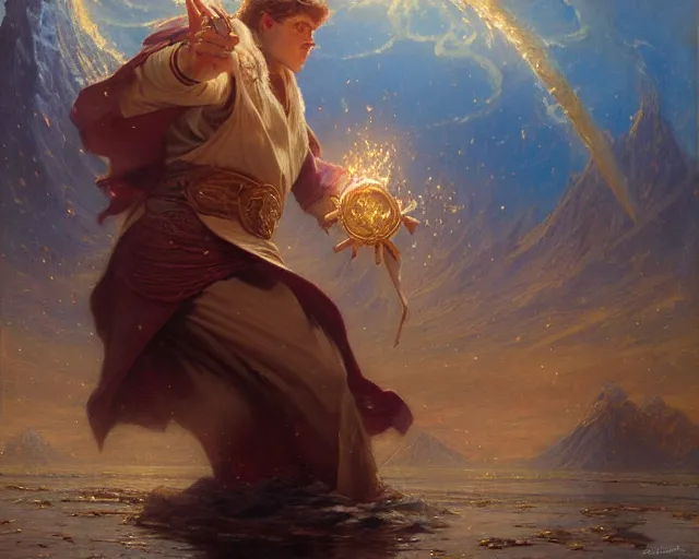 Image similar to attractive male wizard casting powerful giant tsunami spell in a beautiful lake. highly detailed painting by gaston bussiere, craig mullins, j. c. leyendecker 8 k