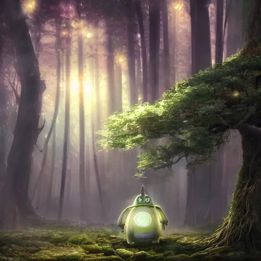 Image similar to A forest with a ray of light shining down onto the forest floor, tattered robot, totoro hiding behind tree, magical, enchanting, graveyard, studio ghibli, beautiful, fantasy, digital art, high detail, excellent quality, 4K, OLED