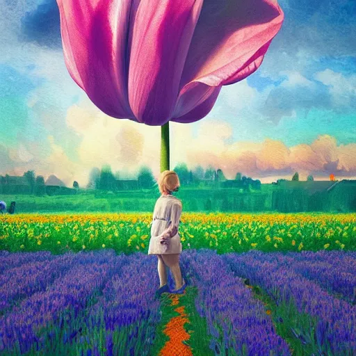 Image similar to dutch girl with singular giant tulip as a head, surreal photography, flower field, sunset dramatic light, impressionist painting, colorful clouds, blue sky, digital painting, artstation, simon stalenhag