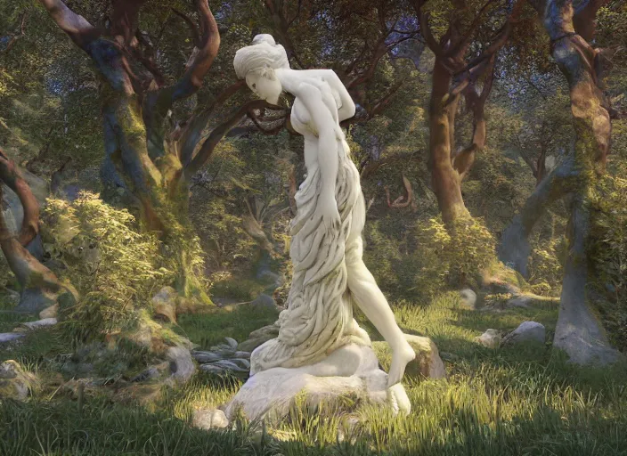 Image similar to idealistic marble statues with fractal flowery hair, seen from behind, in a magical forest, painted by, mc escher, gordon onslow ford, georgia o'keeffe and ivan aivazovsky, cinematic light, god rays, colourful, unreal engine, zbrush central,