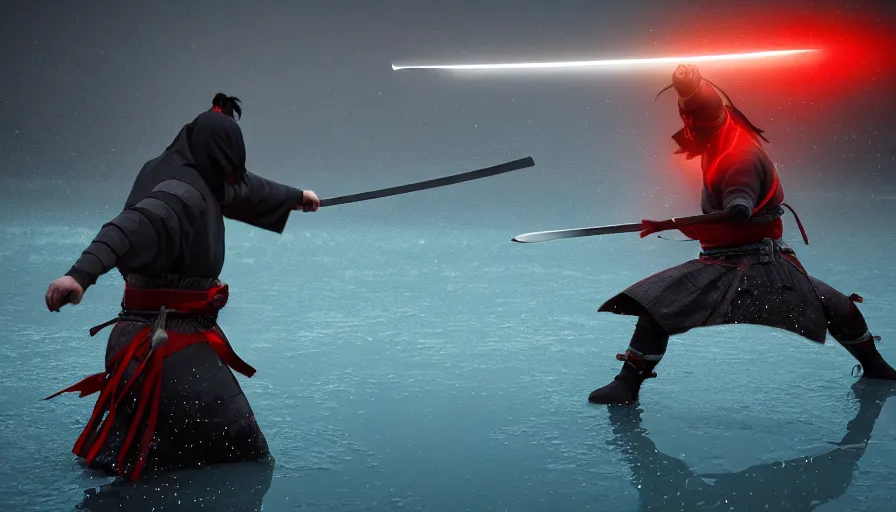 Image similar to Digital Art of A Samurai! Ninja! in Action, fighting and swords colliding, standing in a glowing lake while it rains, Concept Art, highly detailed, Artstation, 8k, Raytracing, Unreal Engine 5