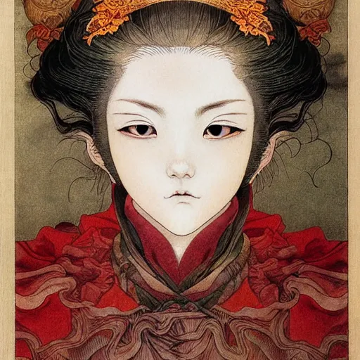 Image similar to prompt: Portrait painted in renaissance style drawn by Katsuhiro Otomo and Takato Yamamoto, inspired by Fables, china doll face, smooth face feature, intricate oil painting, high detail, sharp high detail, manga and anime 2000