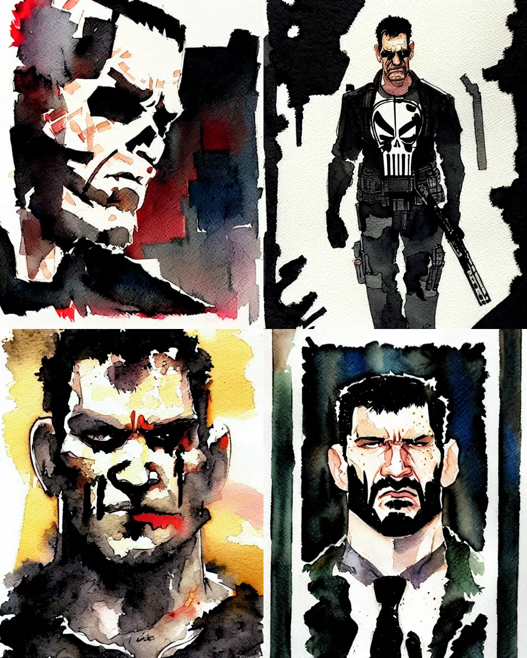 Prompt: punisher portrait by dustin nguyen, masterpiece, watercolor, sharp foreground, illustration