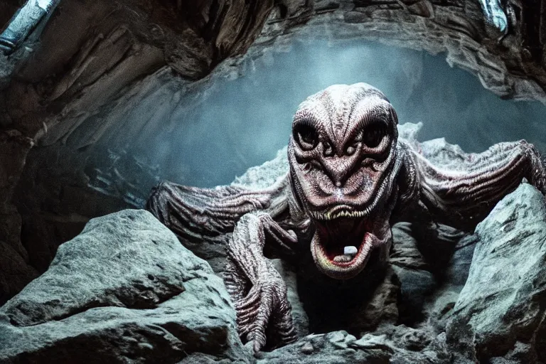 Image similar to vfx movie scene closeup monstrous alien creature in underground rocky cave. by emmanuel lubezki