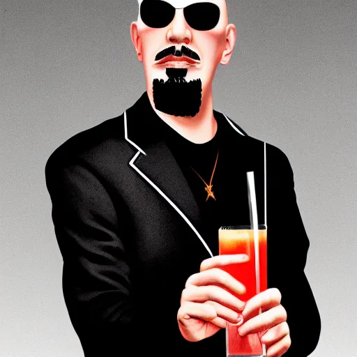 Prompt: accurate symmetrical portrait of terrific anton lavey in cool sunglasses with alcohol drink in his hand, photorealistic, 8 k resolution, annie leibovitz style