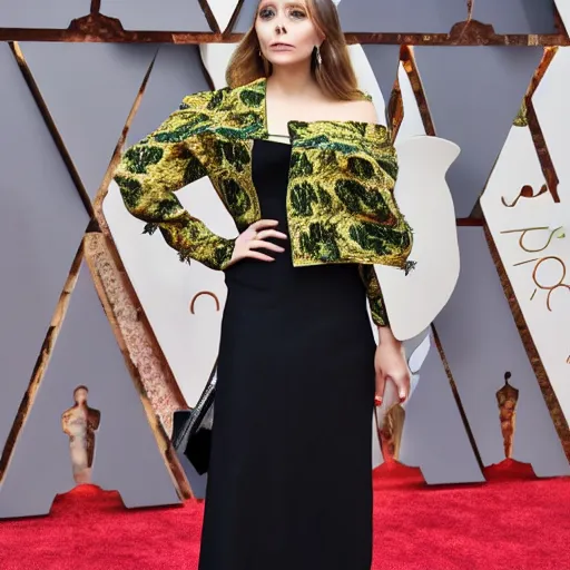 Prompt: elizabeth olsen walking on the red carpet, wearing an avocado shaped with the pith in the middle, trending on unsplash, 4 k quality, intricate
