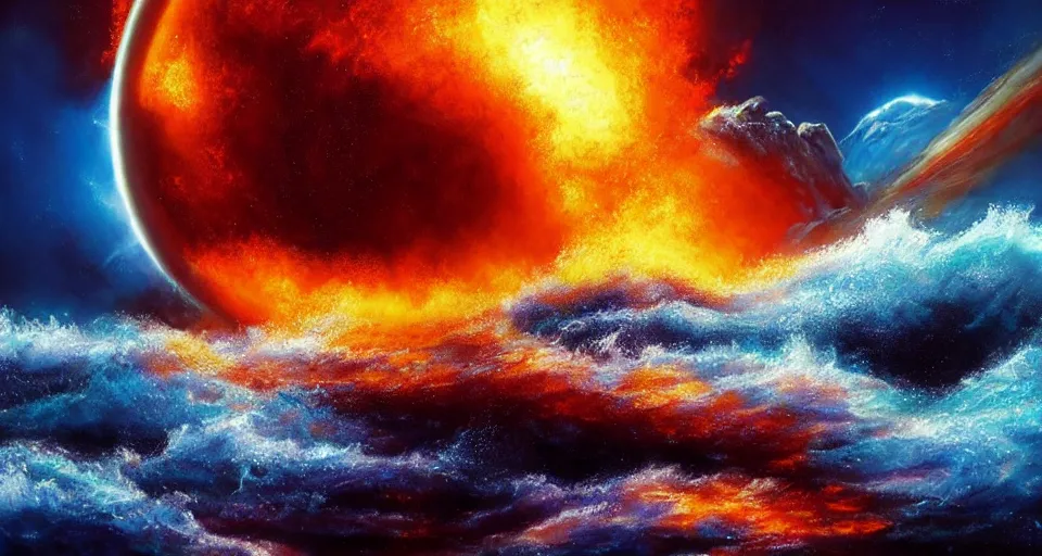 Image similar to award winning realistic painting, beautiful lighting, planet of water crashing into a planet of fire, bright explosion